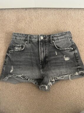 Zara Distressed Black-Grey Denim Shorts